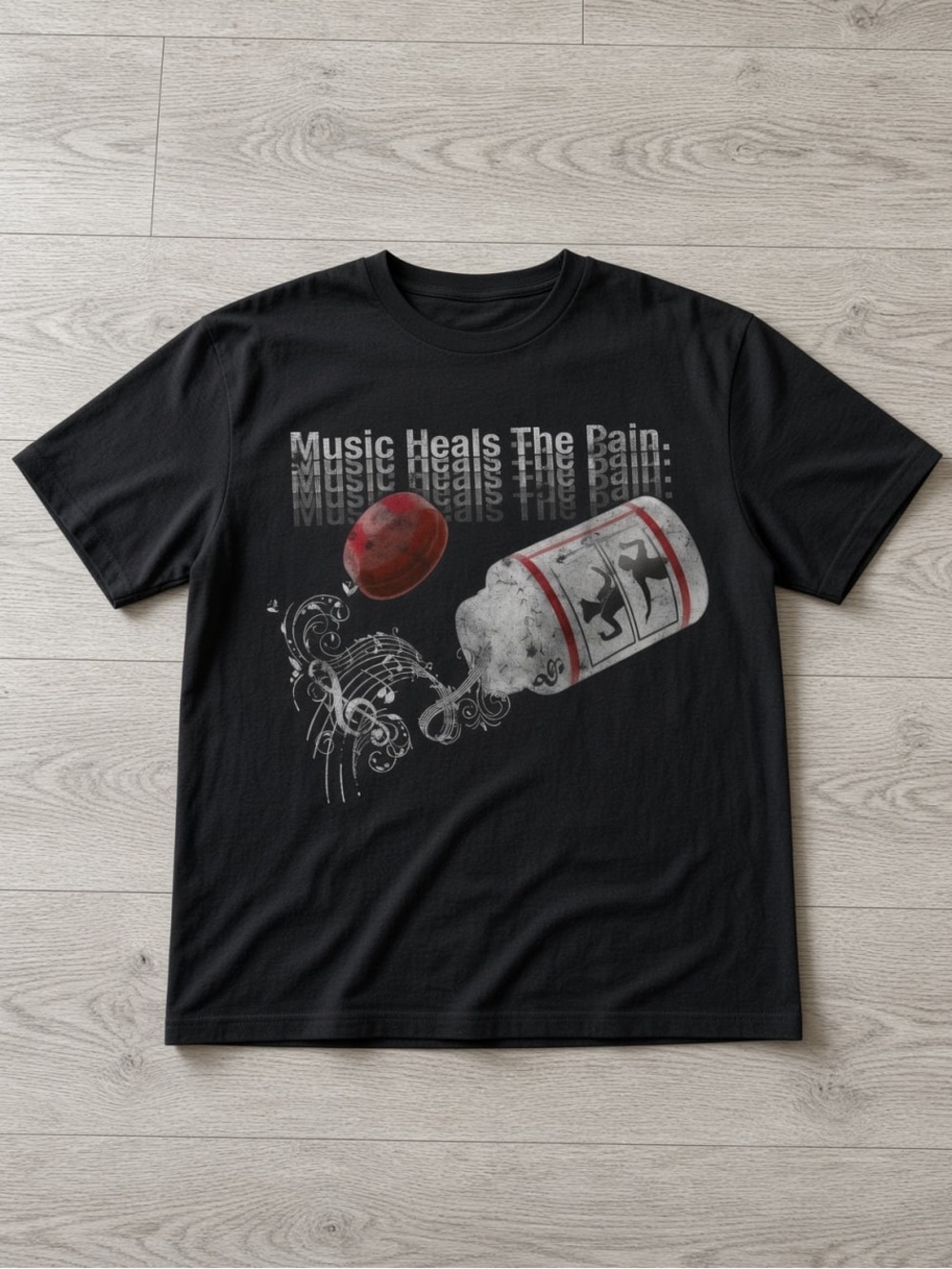 Gildan Black Graphic Tee with Red and White Music Design